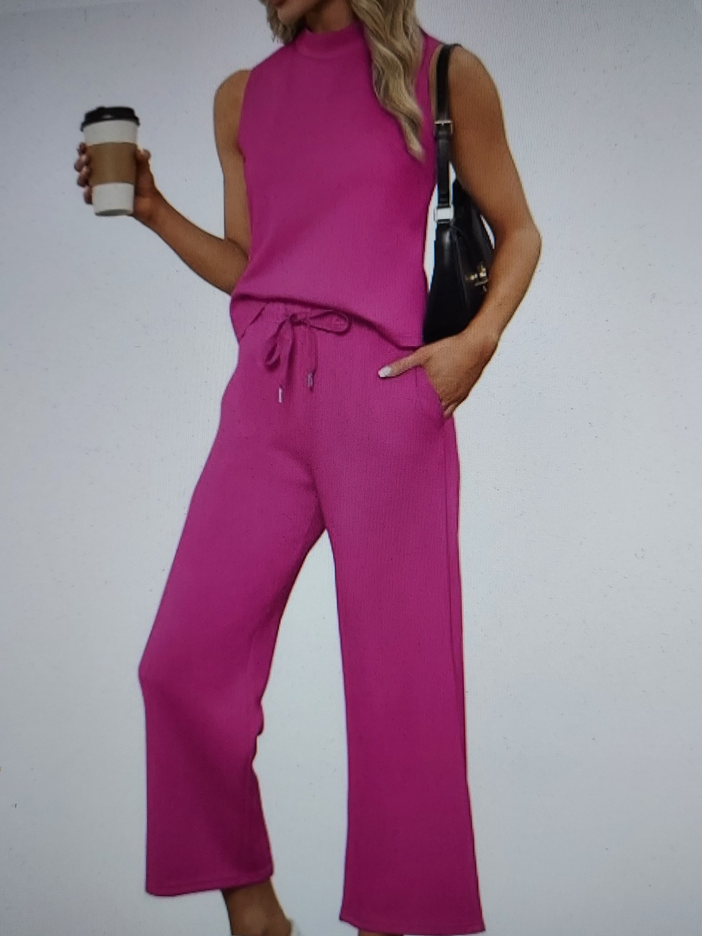 Sleeveless Knit Wide-Leg Moc Neck Top & Capri Ankle Pant Set in Magenta. Sz. S